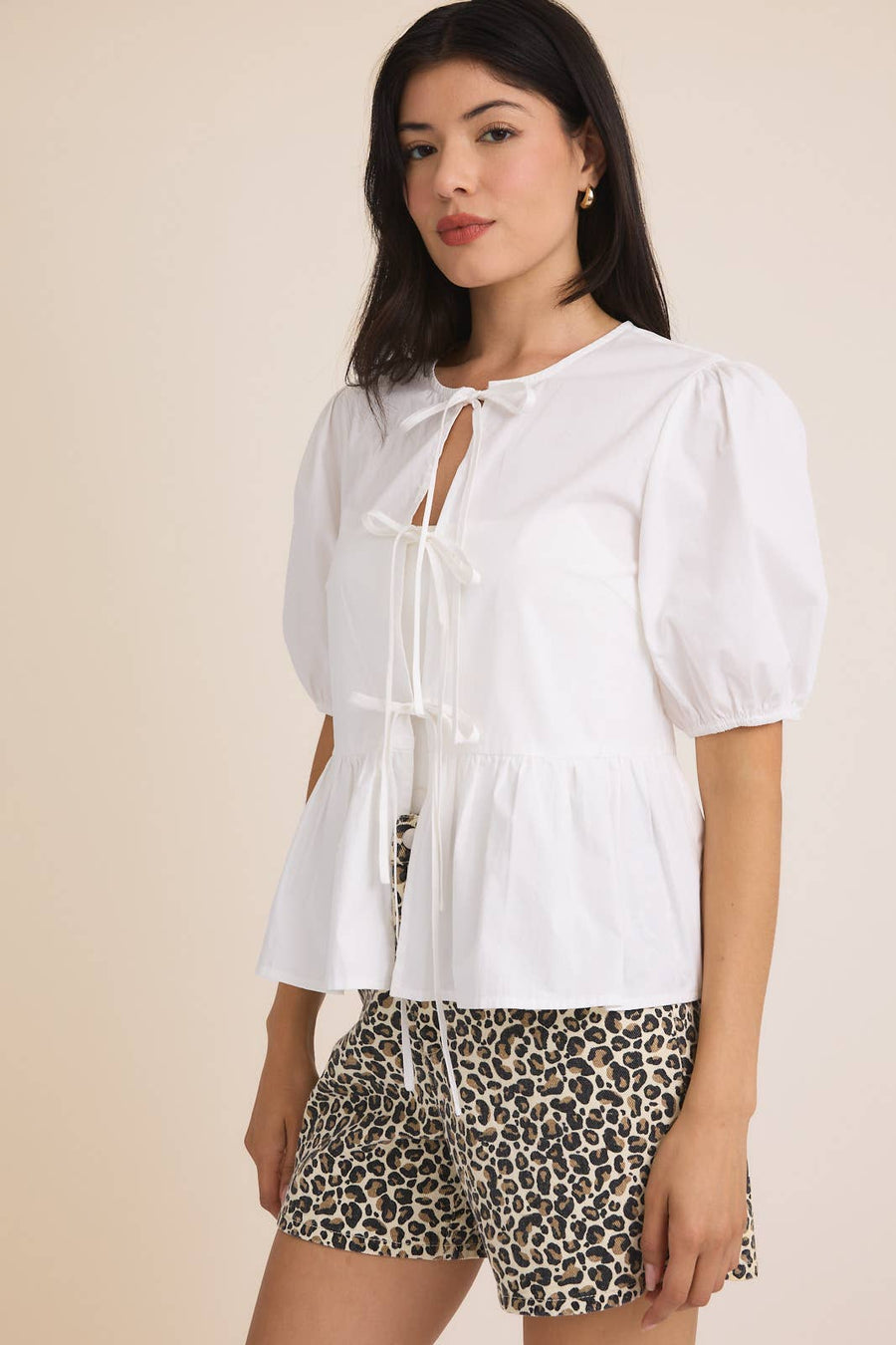 “Darla” Front Ties Puff Half Sleeve Blouse