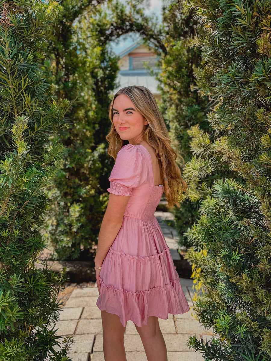“Claire” Pink Square Neck Smocked Tiered Mini Dress