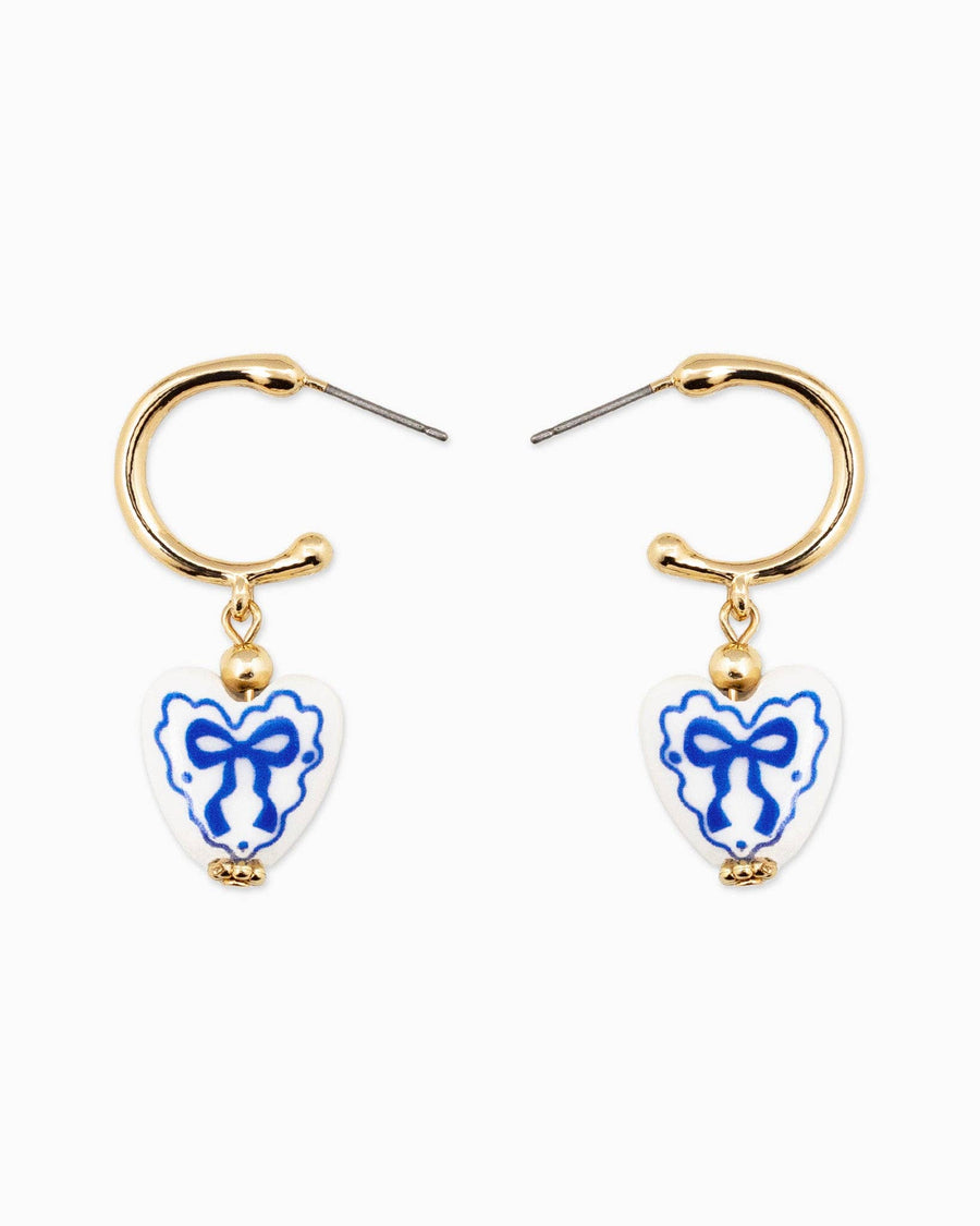 Ceramic Heart Bow Graphic Drop Hoop Earrings Blue Willow Collection