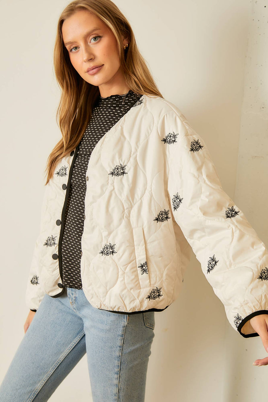 “Jacklyn” Floral Embroidered Quilted Puffer Jacket