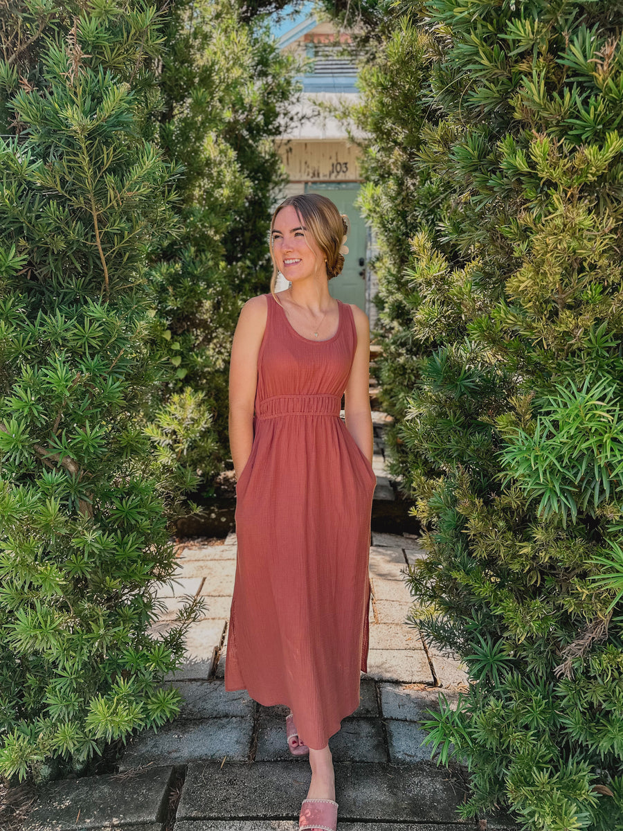 “Darci” Everyday Terracotta Dress Open Back