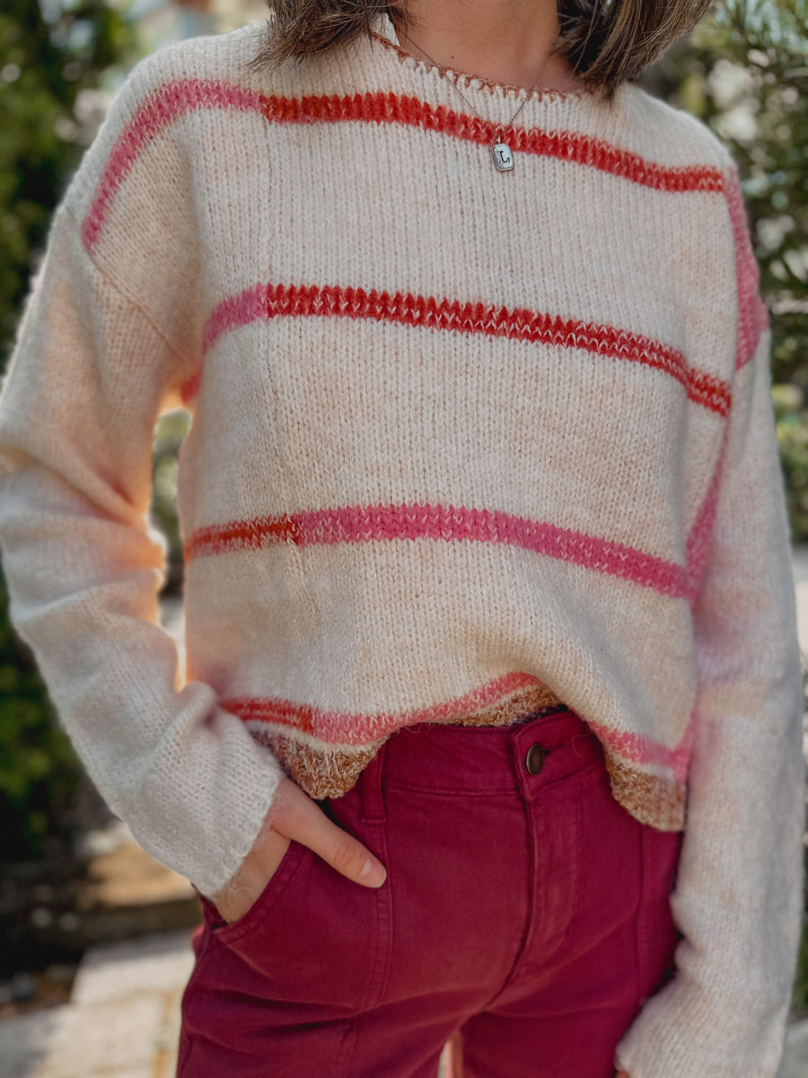 “Mona” Pink and White Knit Stripe Pullover Sweater