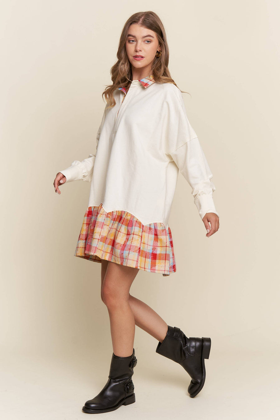 “Henely” French Terry Plaid Contrast Dress