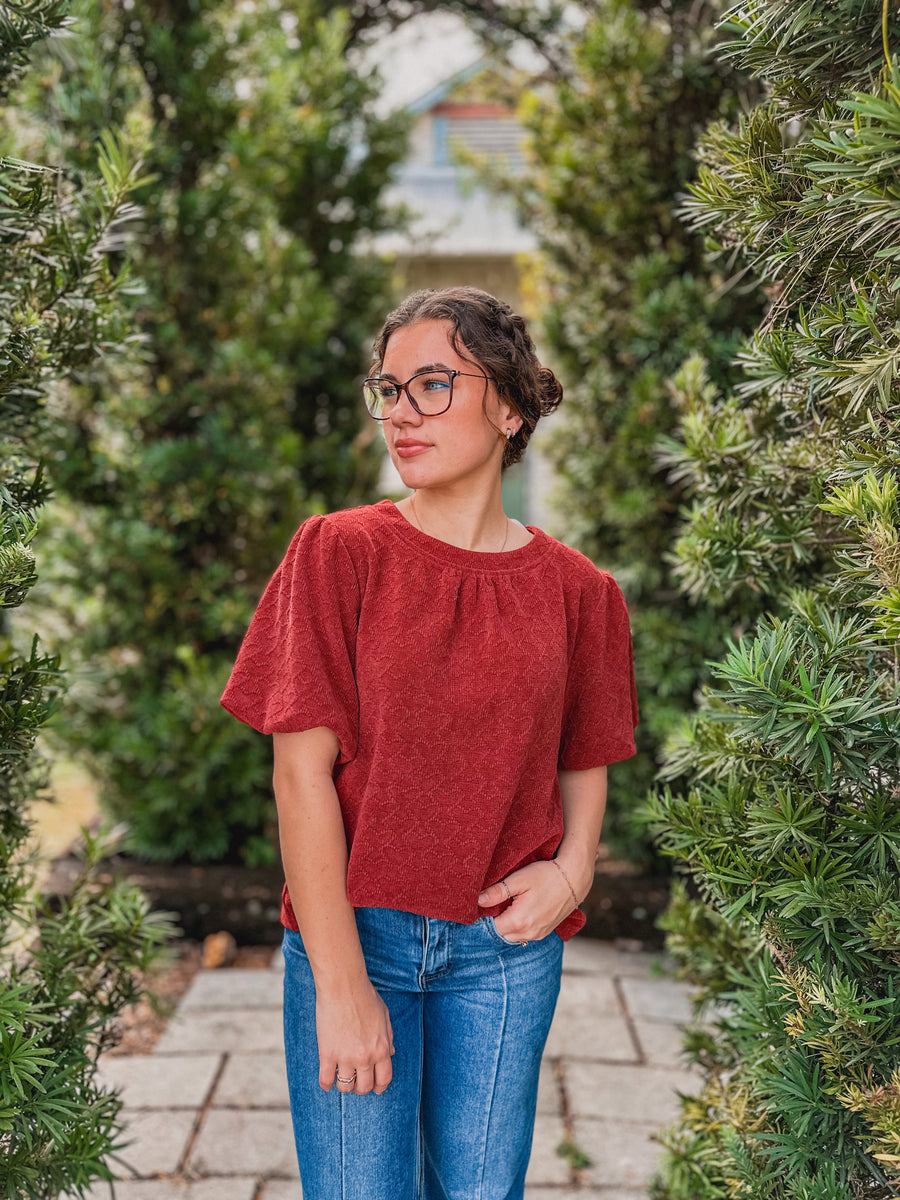 “Valerie” Burgundy Top with Heart Detailing