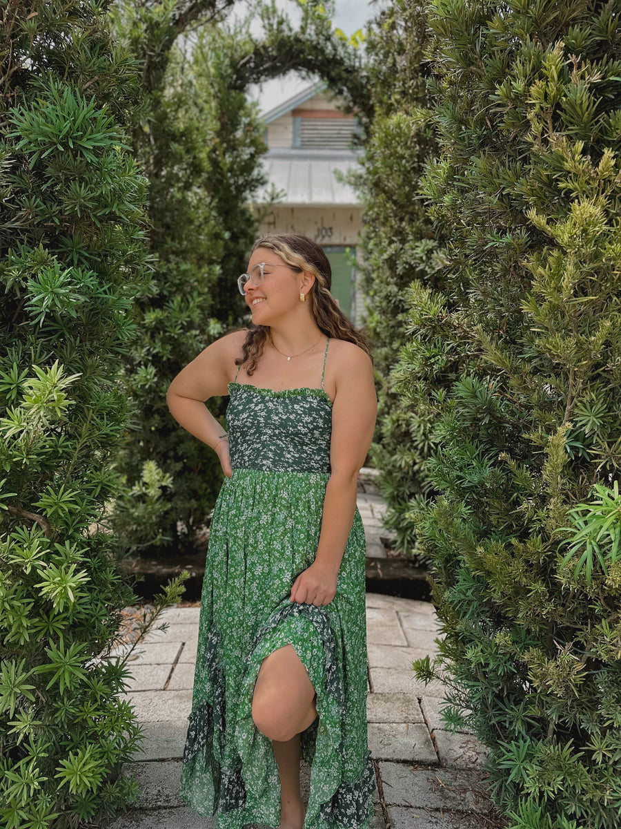 “Deeane” Green Floral Ruffle Dress