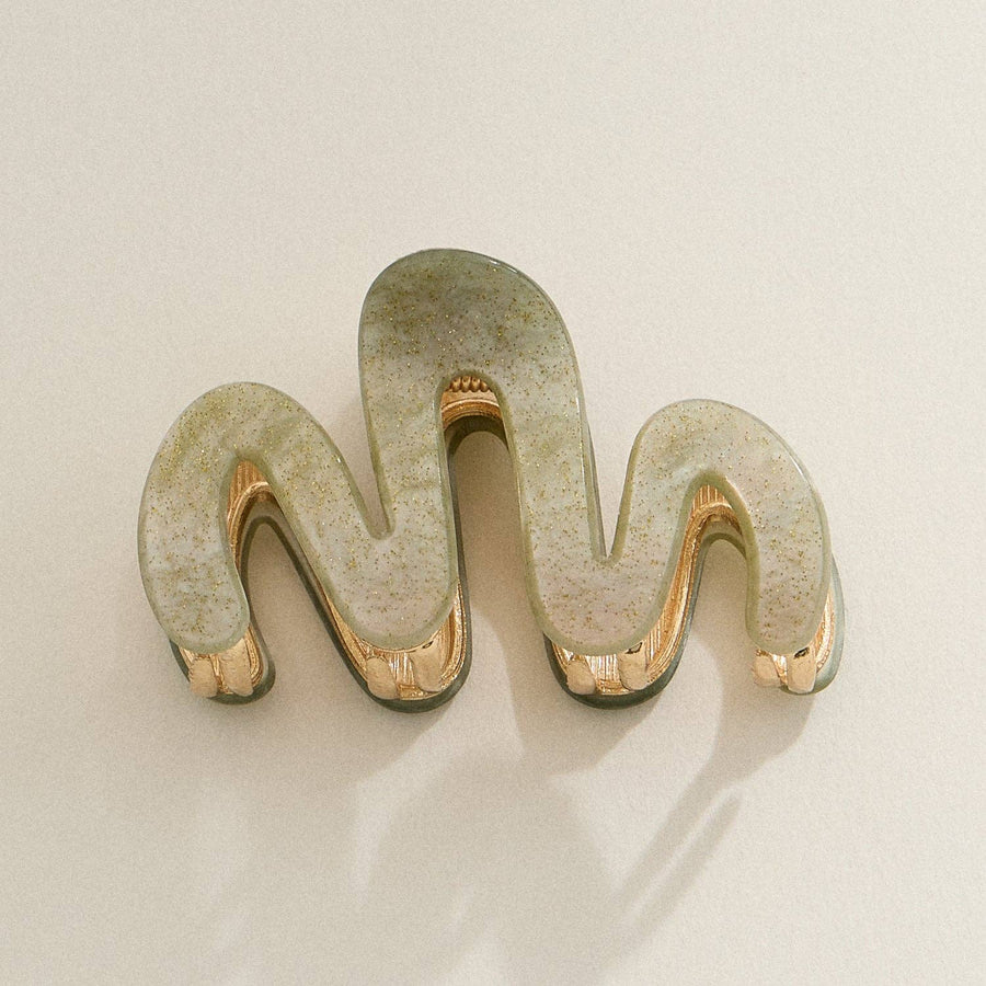 Green Wavy Matte Claw Clip with Gold Accents