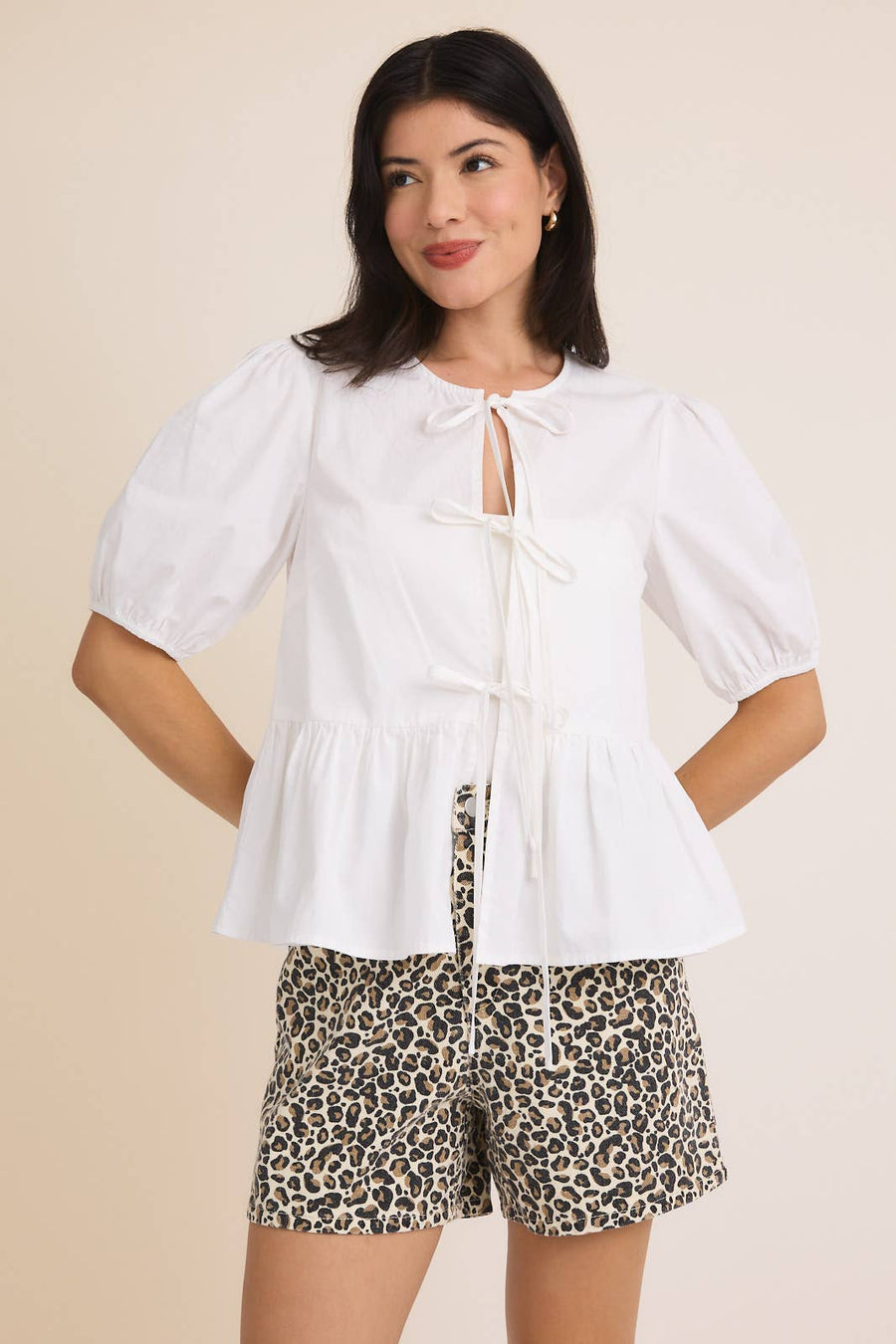 “Darla” Front Ties Puff Half Sleeve Blouse