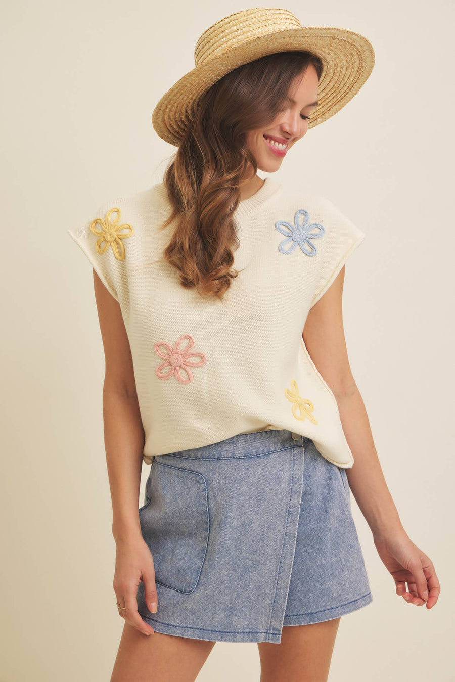 “Elsie” Oversized Embroidered Navy Sweater Vest