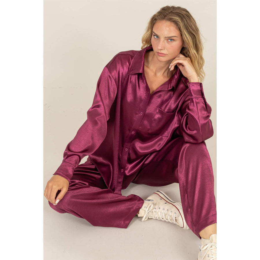 “Jessie” Sangria Lounge Button Up Satin Set