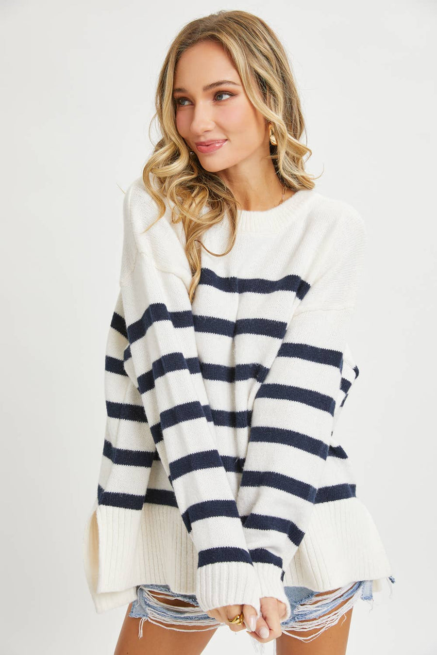 “Sigrid” Striped Pullover Oversize Sweater Blue Willow Collection