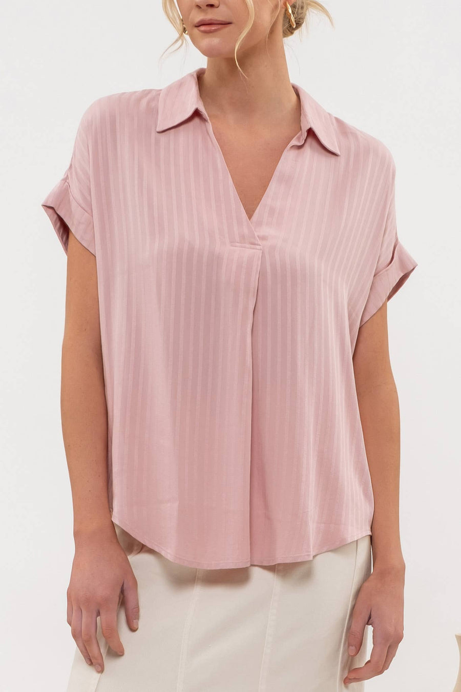 “Kiera” Striped Collard Split Neck Blouse