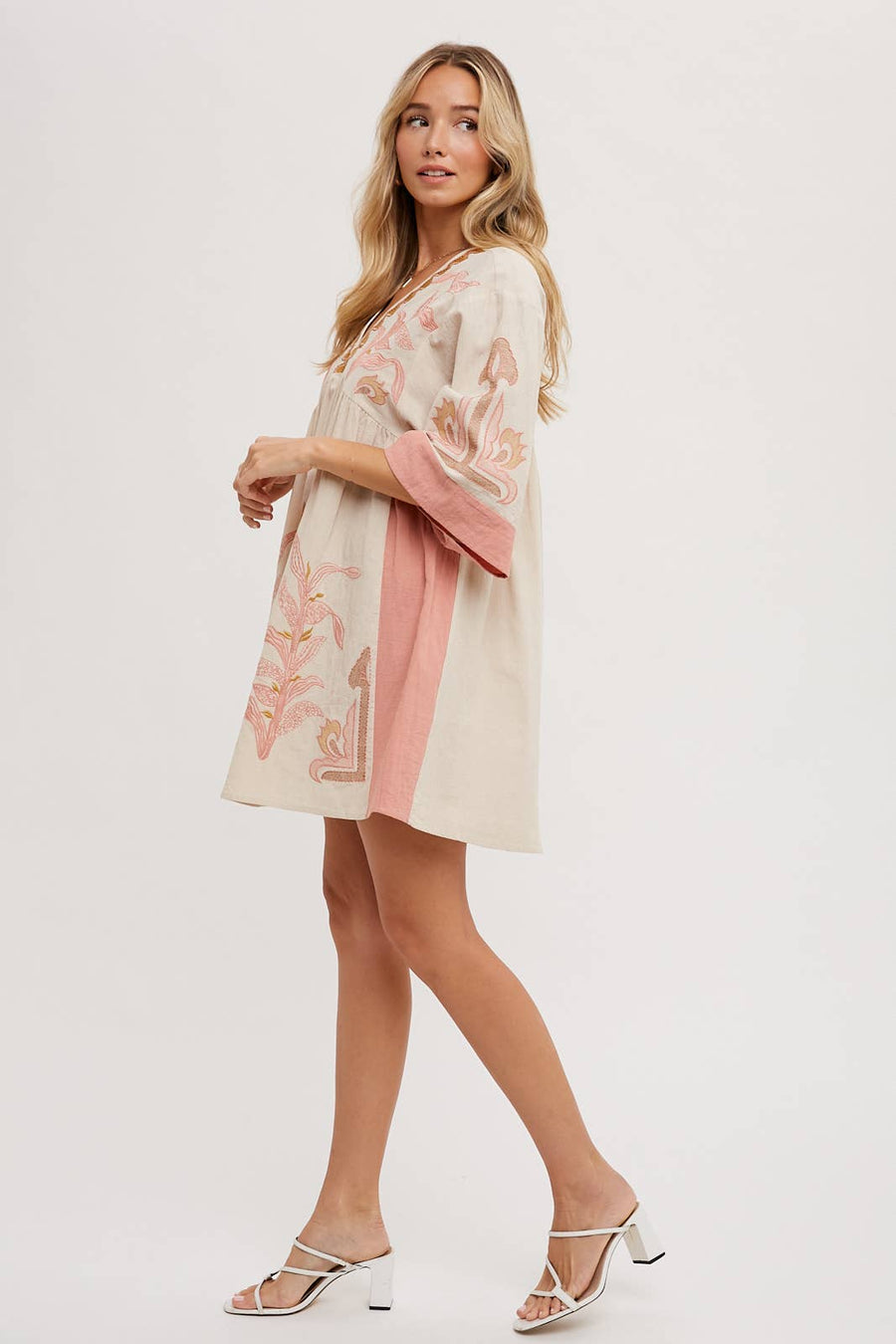 “Ivy” Pink Boho Embroidered Baby Doll Dress