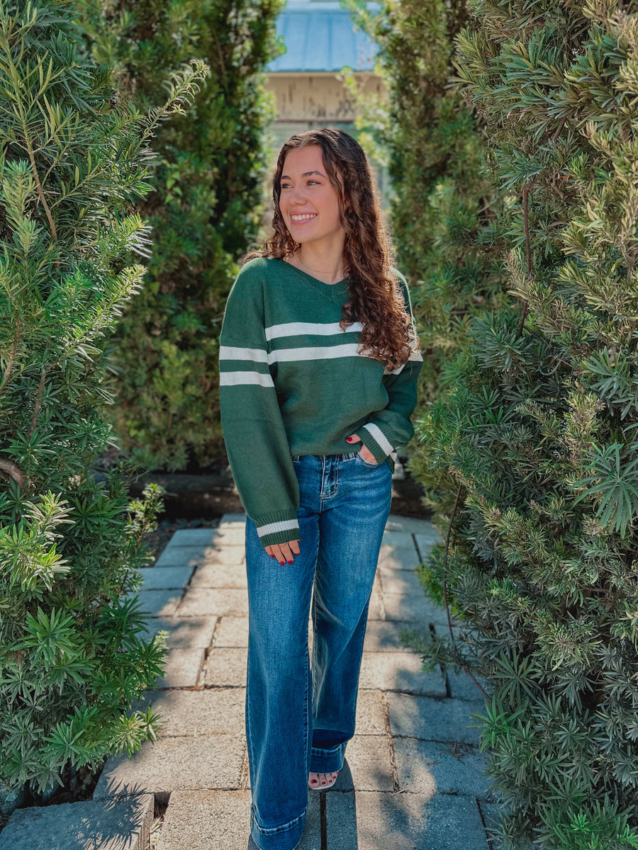 “Kelly” Green Varsity Inspired V-Neck Sweater