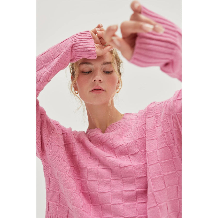 “Delaney” Pink Long Sleeve Square Texture Sweater