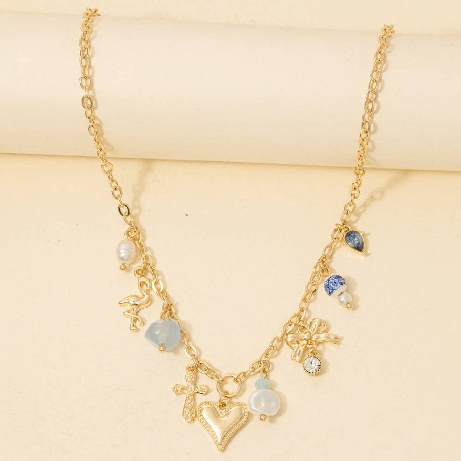 Heart Pearl Bows And Pearl Charms Chain Necklace
