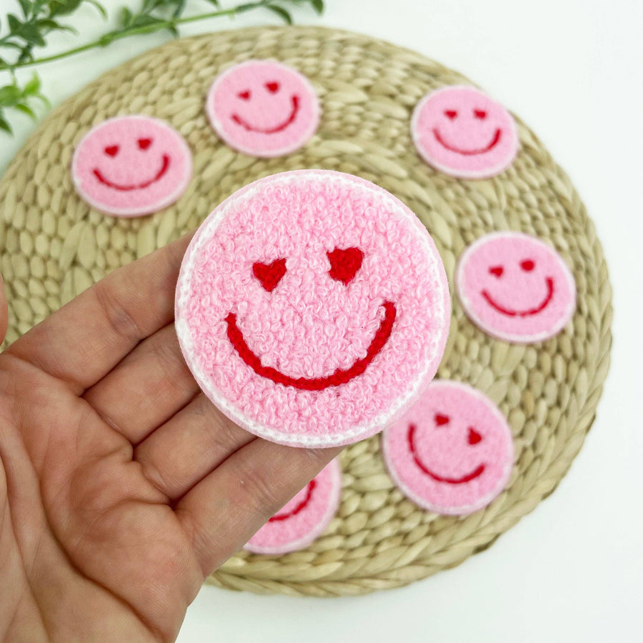 Pink Heart Eyes Smile Chenille Embroidered Patches, Iron-On for Hats