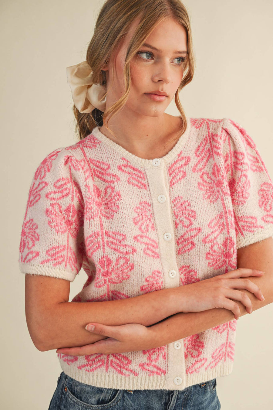 “Casey” Floral Knit Short Sleeve Sweater Cardigan