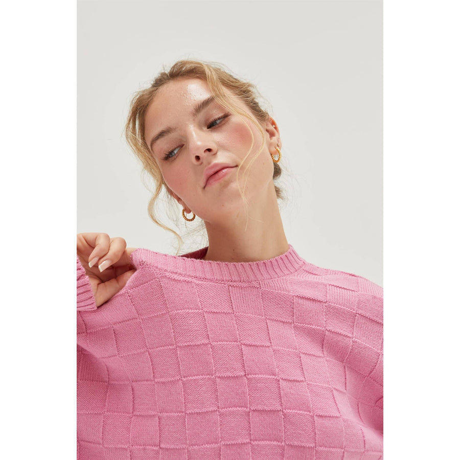 “Delaney” Pink Long Sleeve Square Texture Sweater