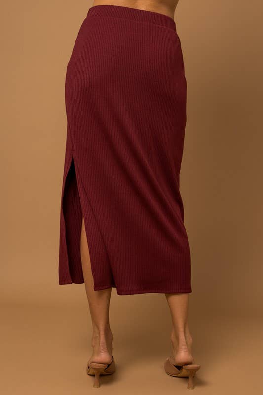 “James” Elastic Waist Band Side Slit Rib Midi Skirt