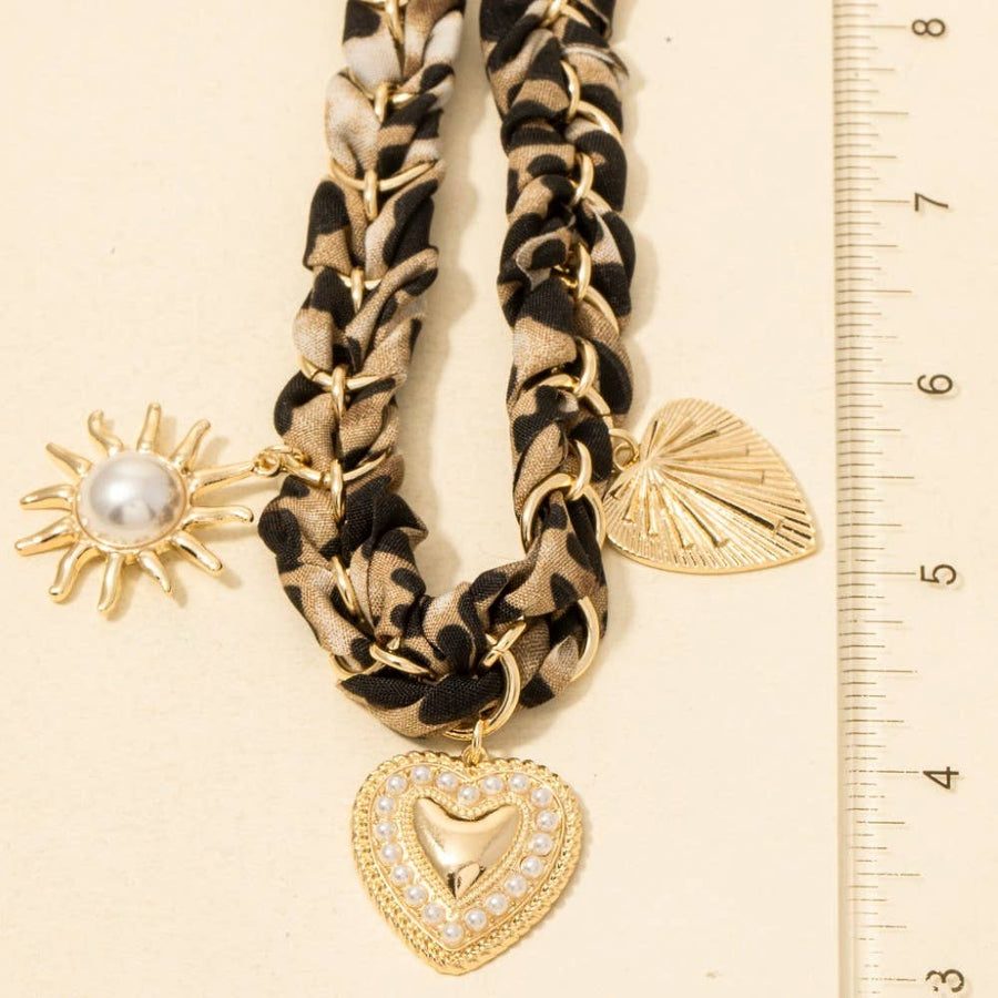 Pearl Heart + Sun Charms Leopard Braided Bandana Necklace