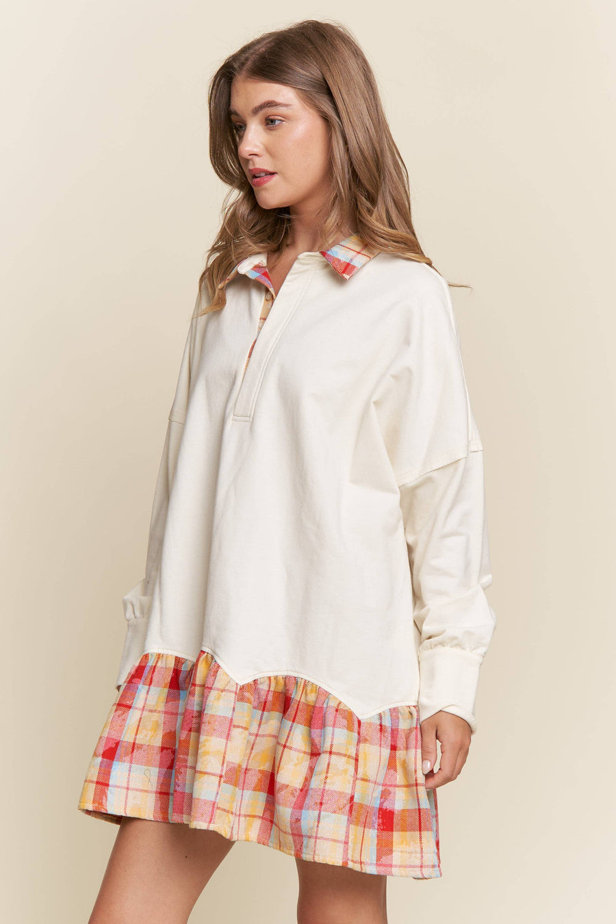 “Henely” French Terry Plaid Contrast Dress