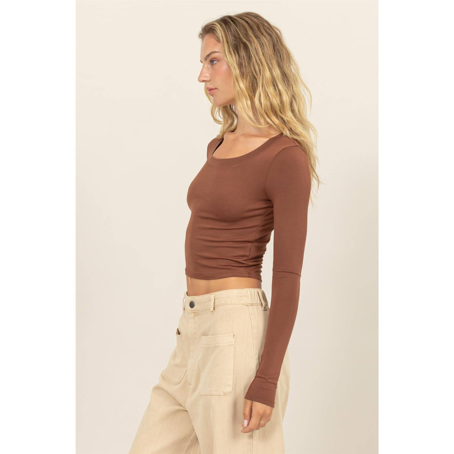 “Diana” Cropped Scoop Neck Long Sleeve Top In Brown