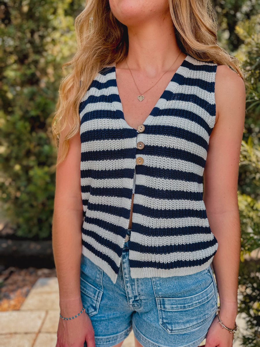 “Sophie” Striped Front Button Sweater Vest