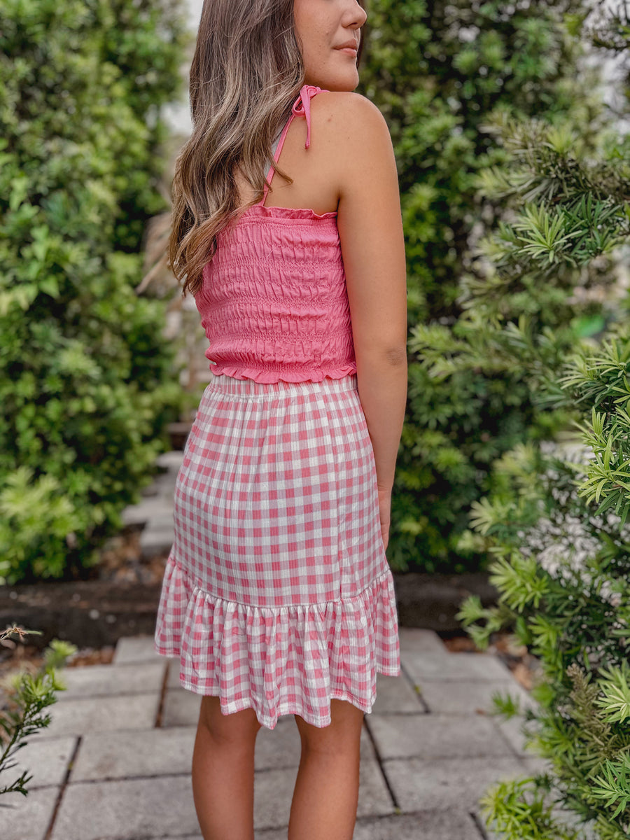 “Stacy” Gingham Print Knit Mini Skirt