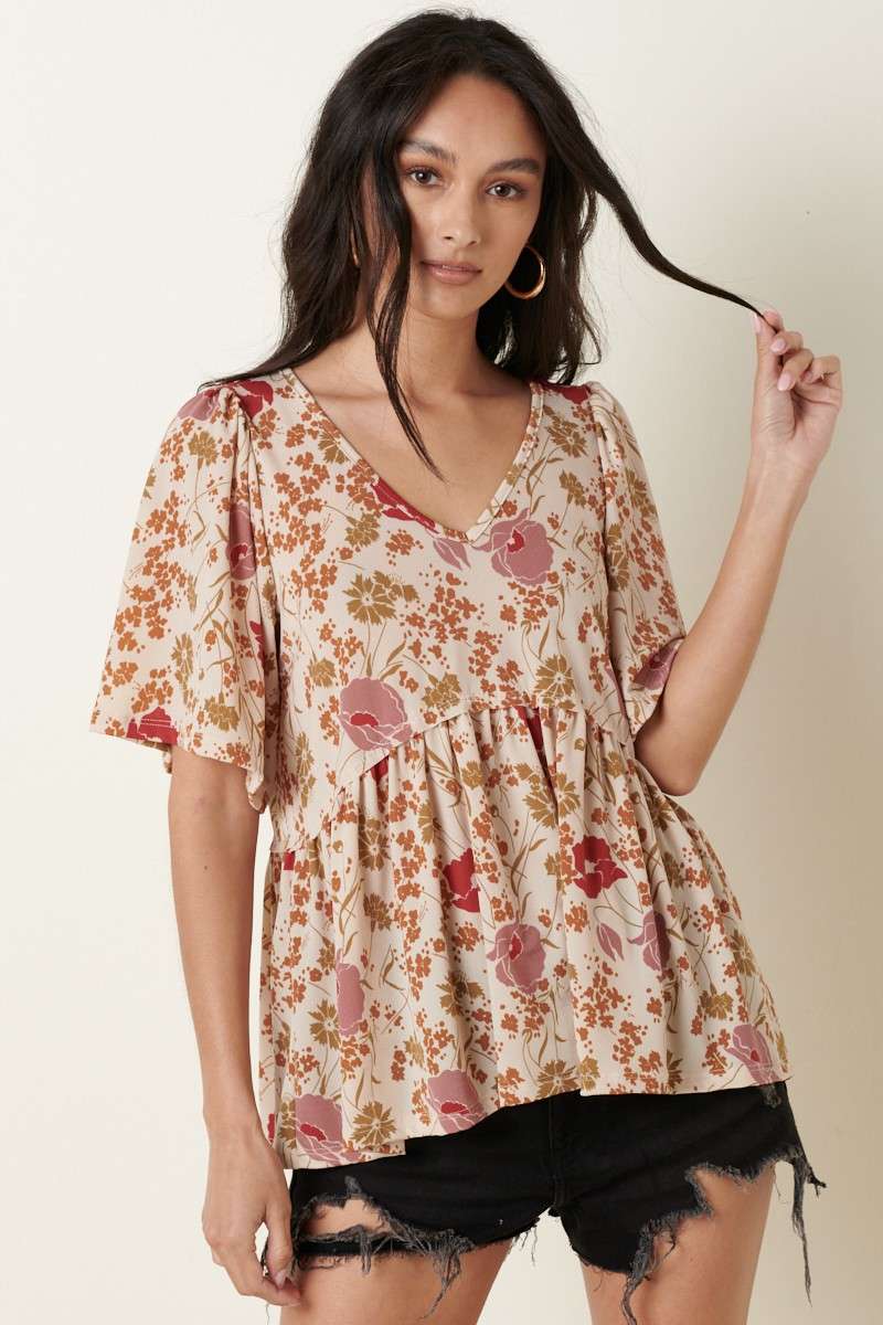 “Delilah” Flower Print V-Neck Baby Doll Top