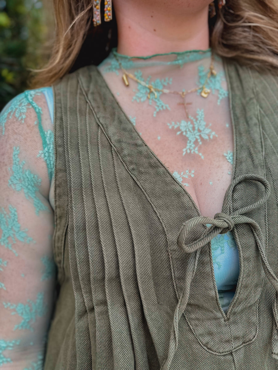 “Fawn” Floral Lace Sheer Mesh Layering Top In Sage