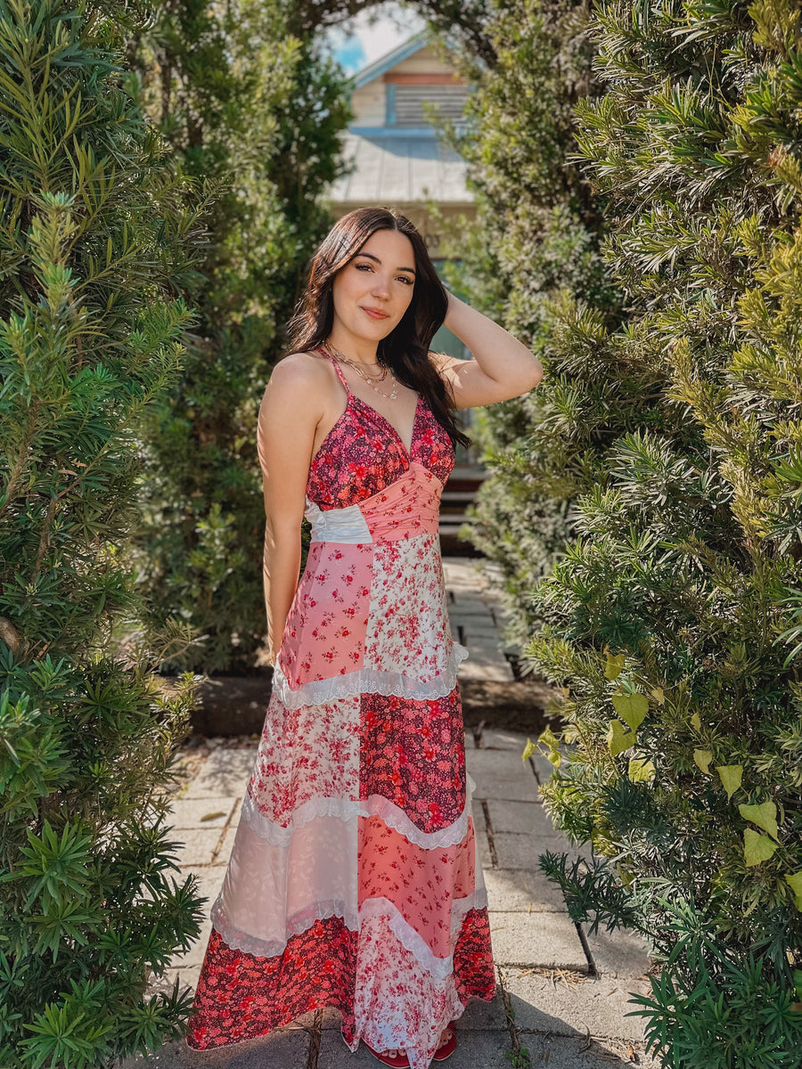 “Lacie” Cottagecore Patchwork Tiered Floral Maxi Dress in pink