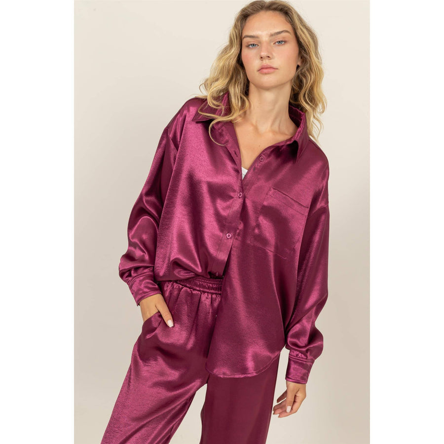 “Jessie” Sangria Lounge Button Up Satin Set