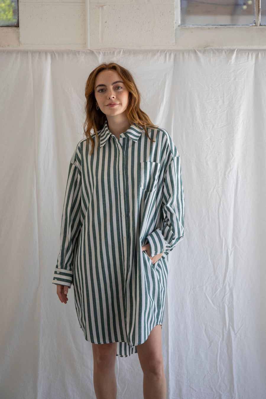 “Alana” Striped Green & White Dress