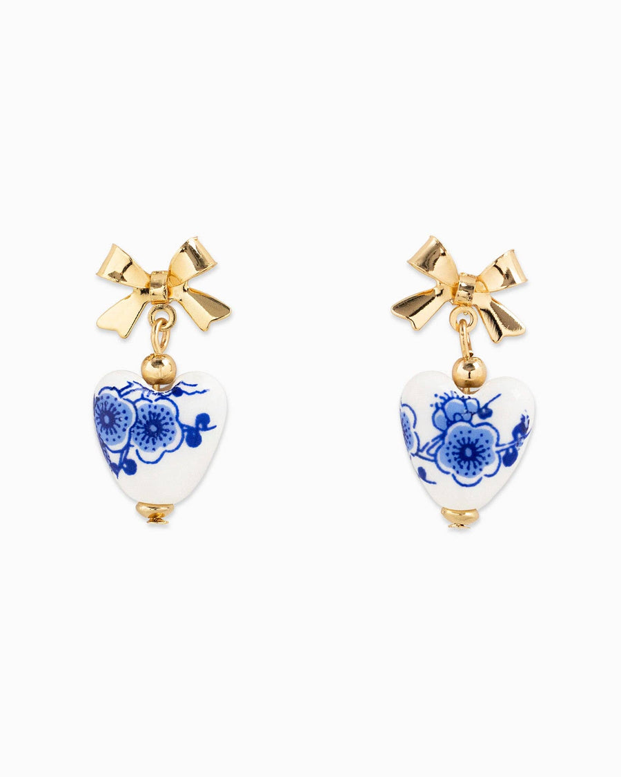 Gold Bow Ceramic Heart Drop Earrings Blue Willow Collection