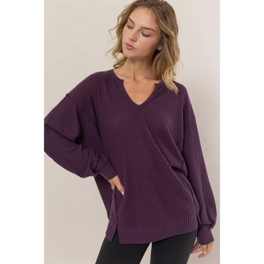 “Annie”-Brushed Waffle Notch Neck Top