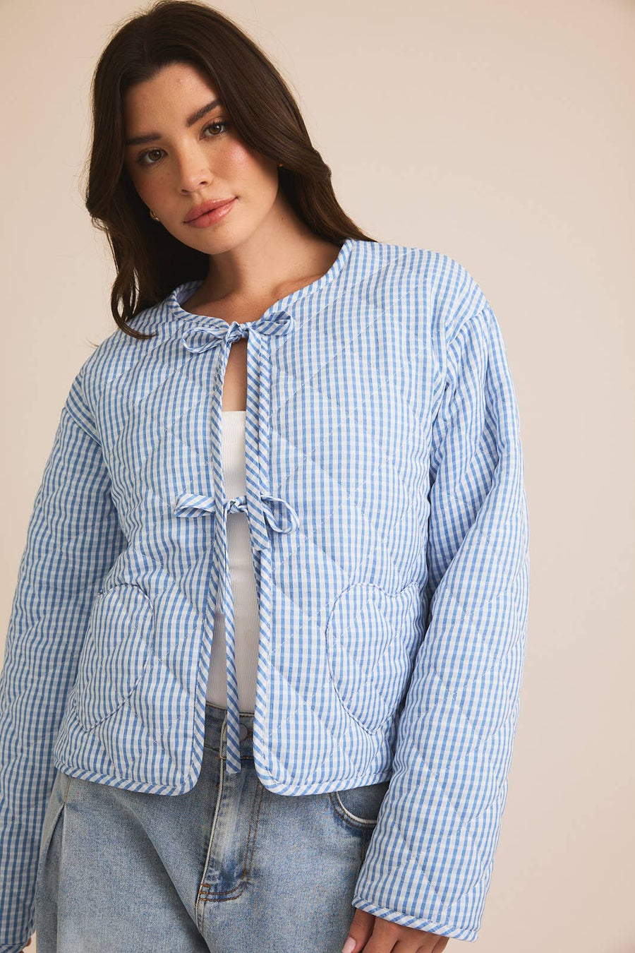 “Quinn” Tie Gingham Quilt Jacket Blue Willow Collection