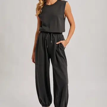 “Jessi” Black Drawstring Waist Knit Active Jumpsuit