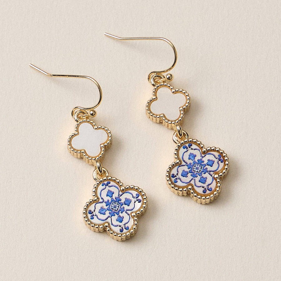 Blue Floral Clover Earrings