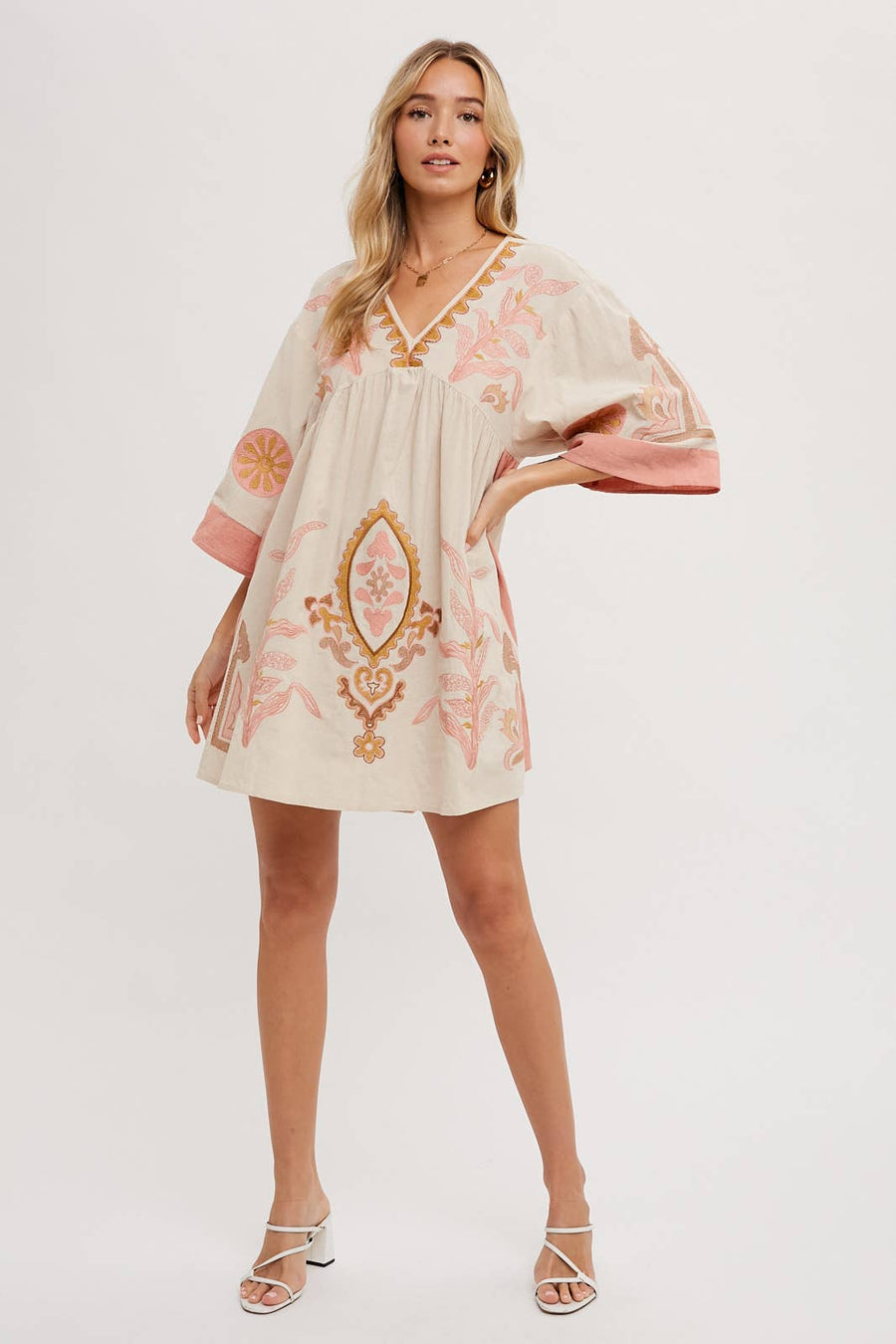 “Ivy” Pink Boho Embroidered Baby Doll Dress