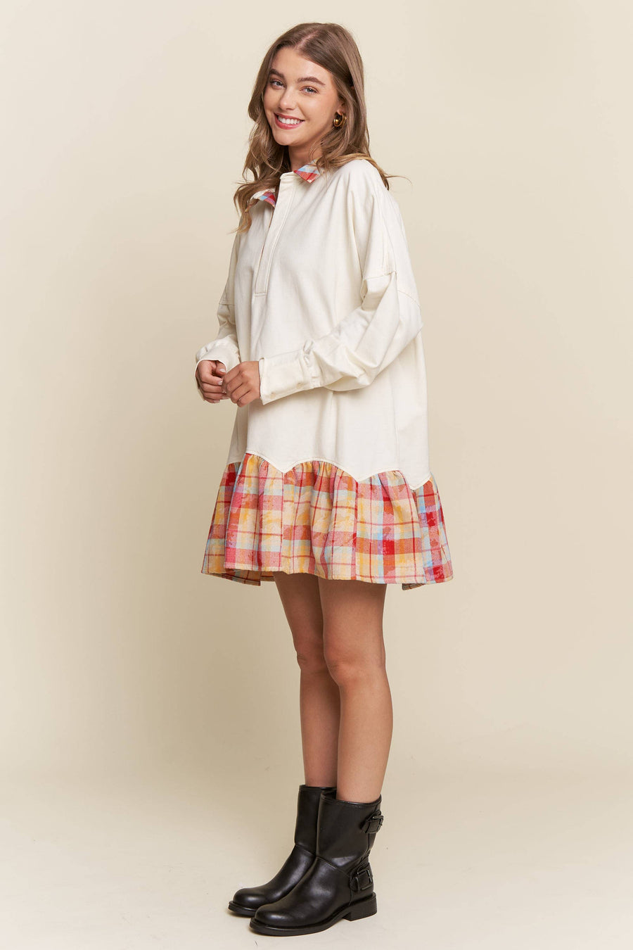 “Henely” French Terry Plaid Contrast Dress