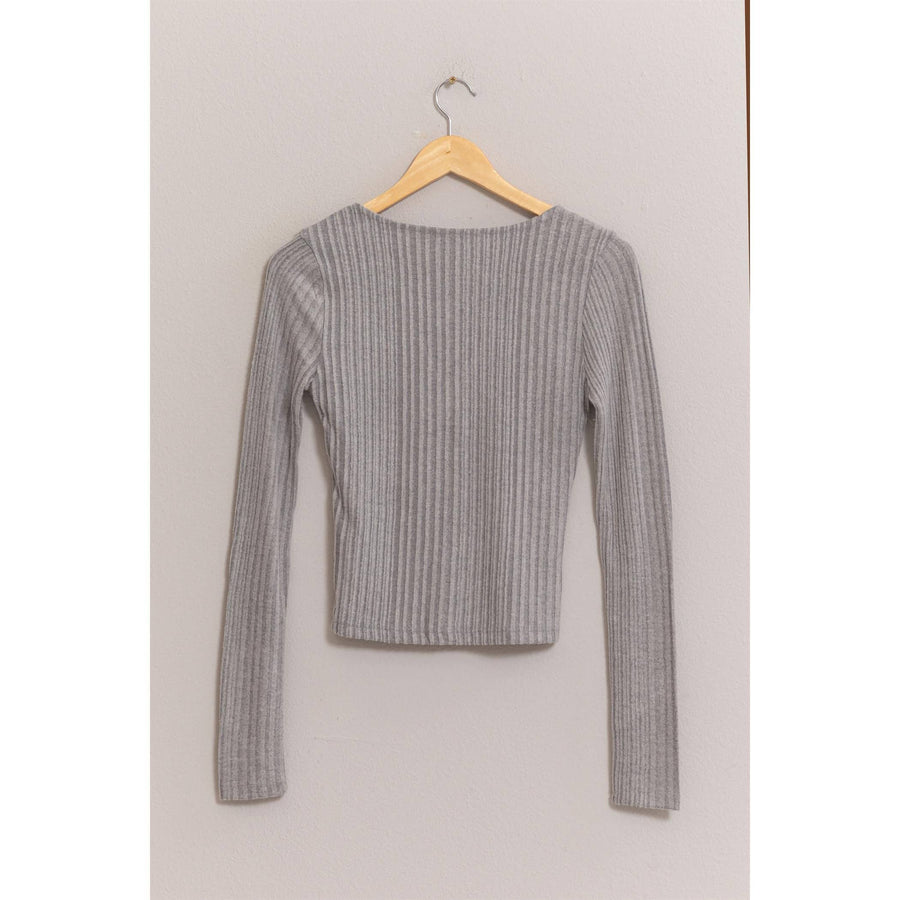 “Deanna” Grey Ribbed Button Front Top