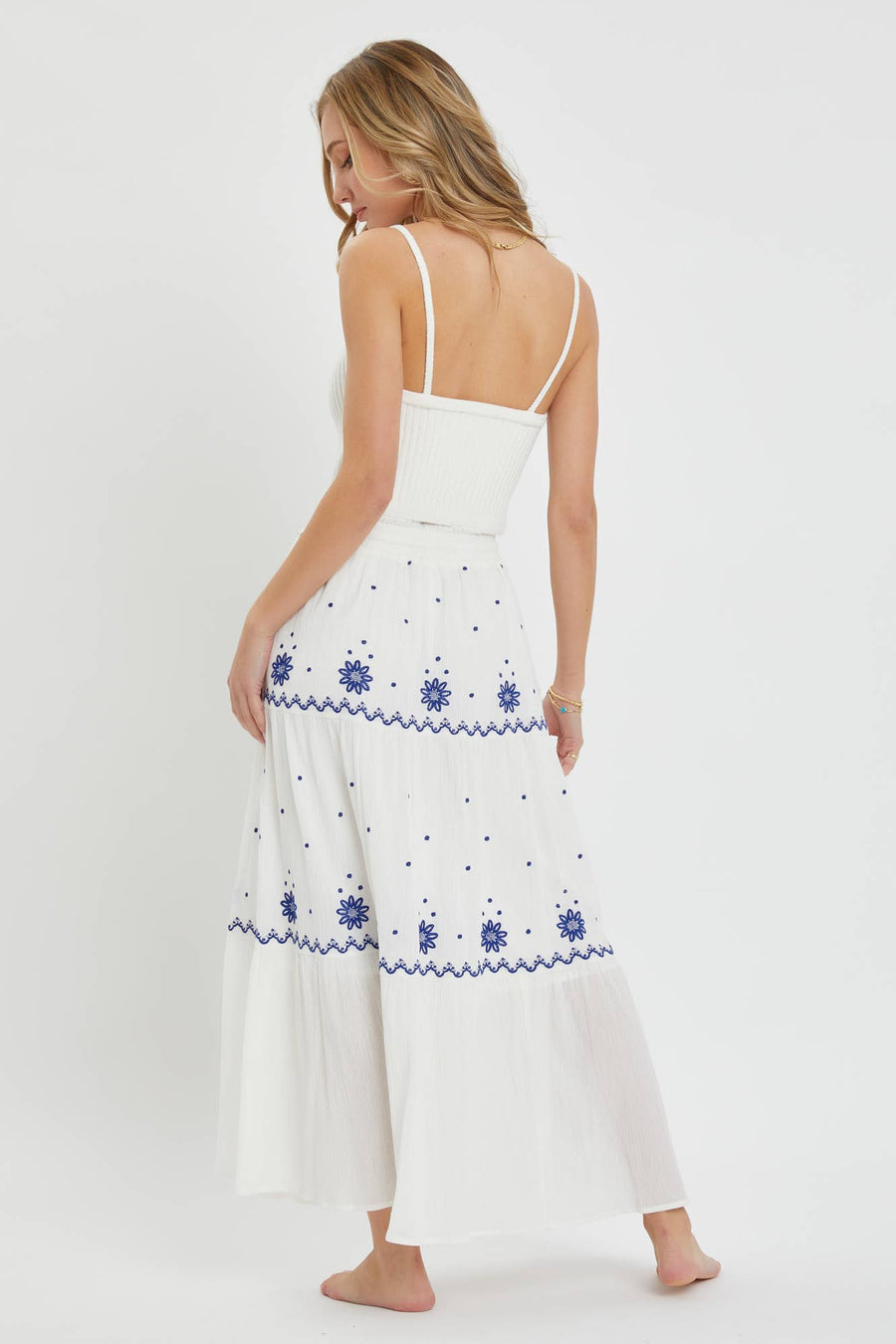 “Emilie” Embroidered Flowers Flowy Maxi Skirt Blue Willow Collection