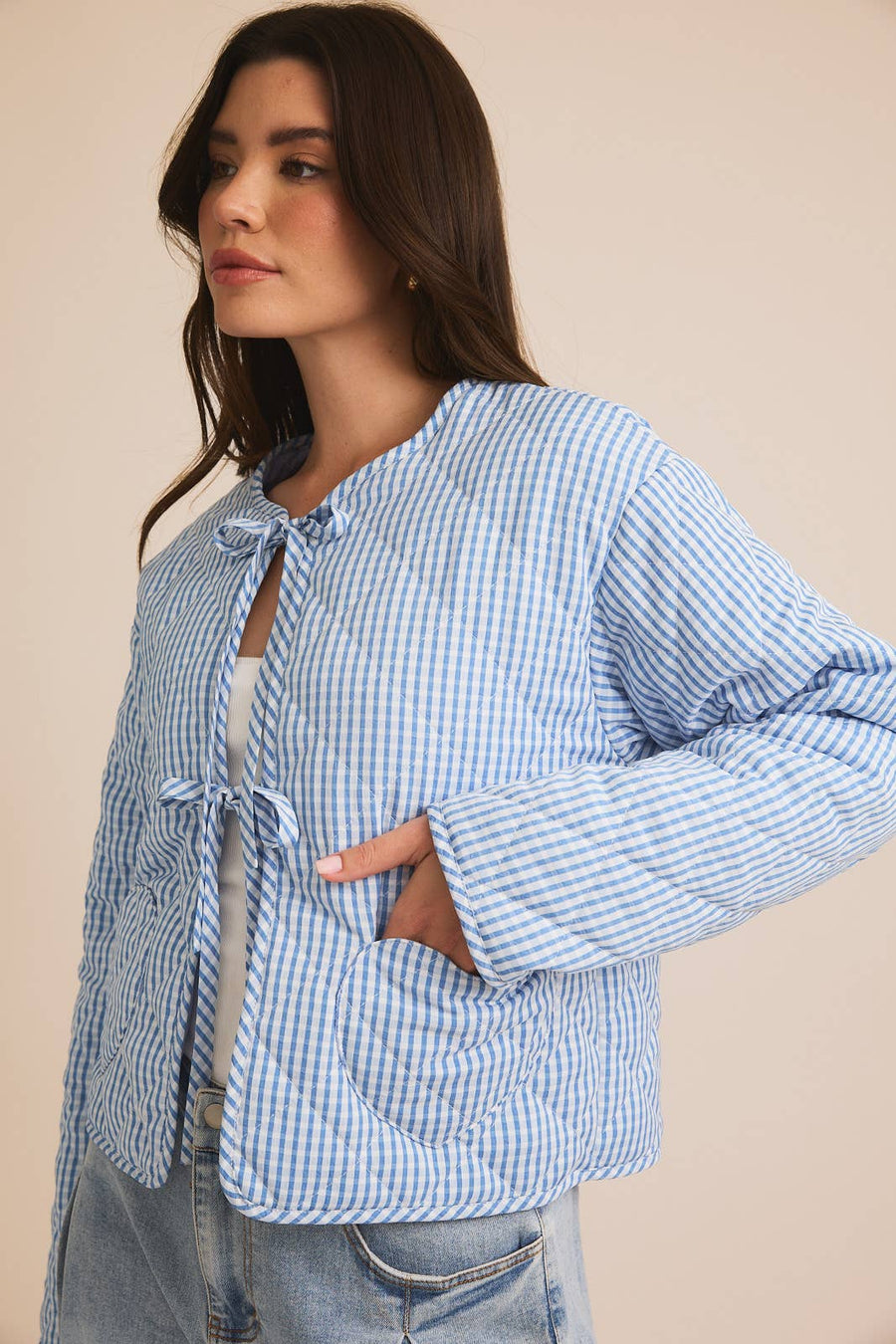 “Quinn” Tie Gingham Quilt Jacket Blue Willow Collection