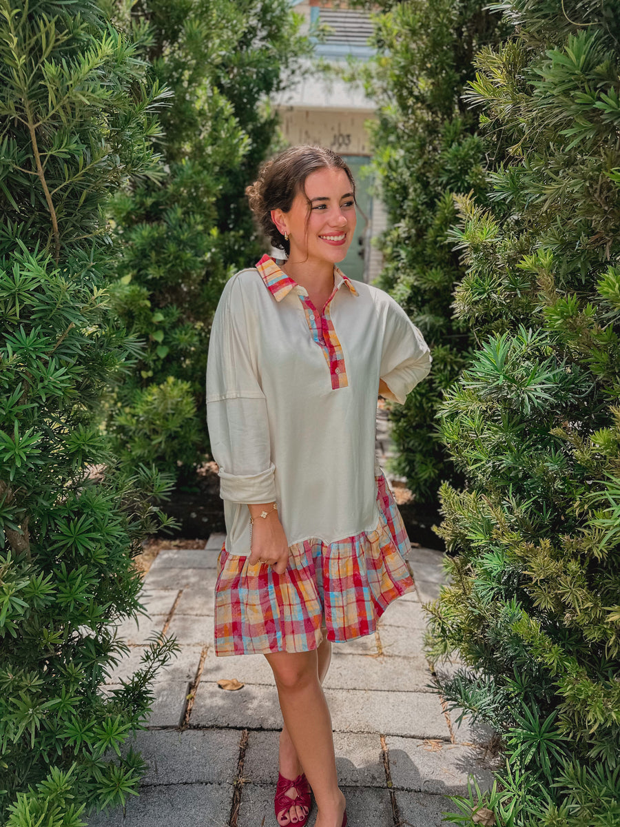 “Henely” French Terry Plaid Contrast Dress