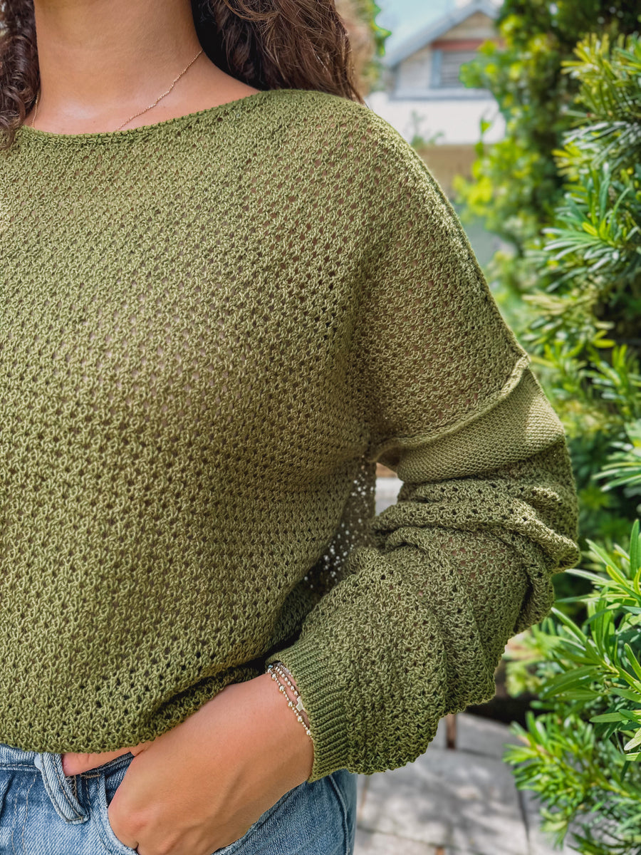 “Gwyneth” Open Knit Drop Shoulder Green Sweater