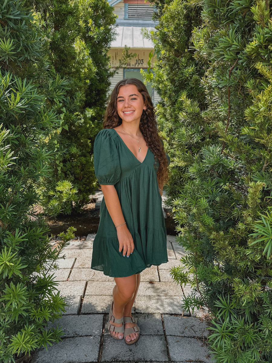 “Penny” Green Mini Linen Dress