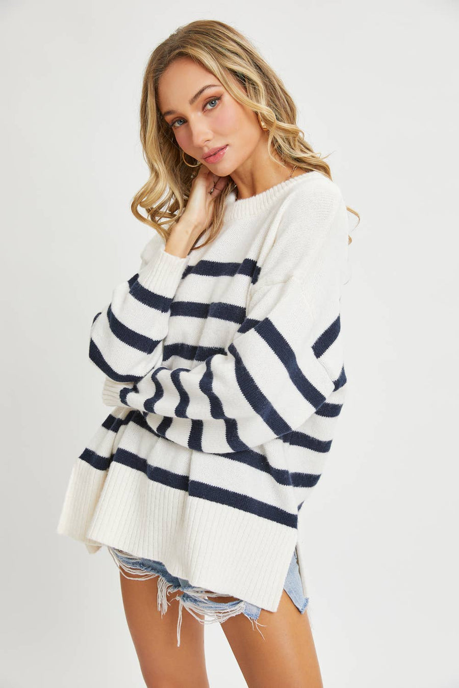 “Sigrid” Striped Pullover Oversize Sweater Blue Willow Collection