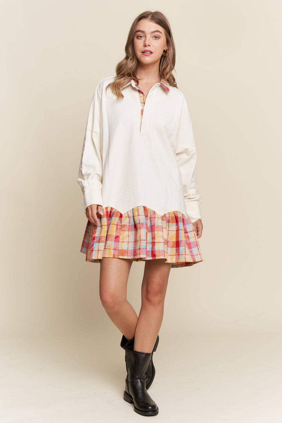 “Henely” French Terry Plaid Contrast Dress