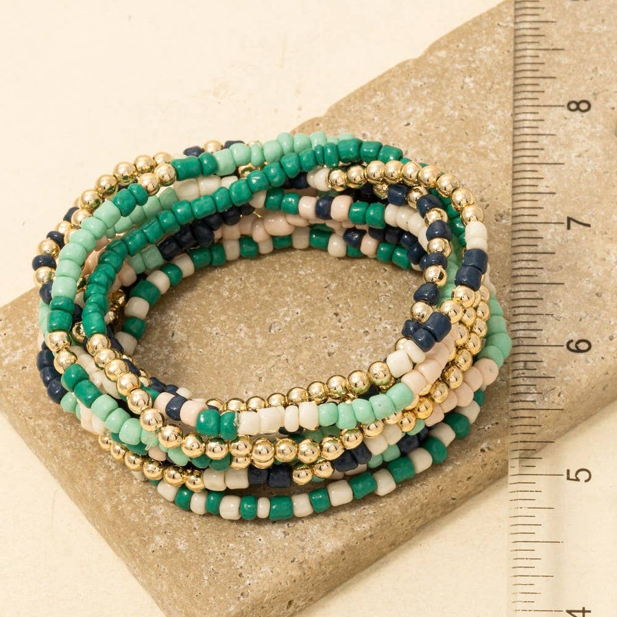 Mixed Mint And Blue Tones Seed Beaded Bracelet Set