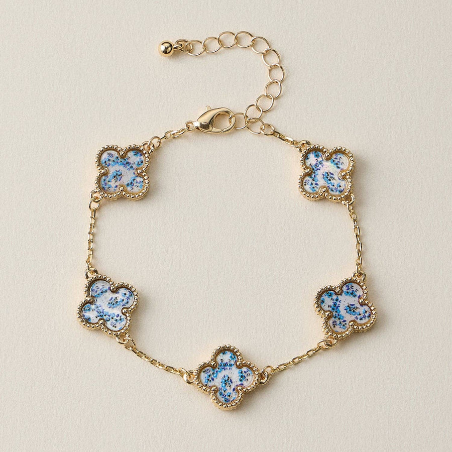 Blue Floral & Gold Clover Charm Bracelet